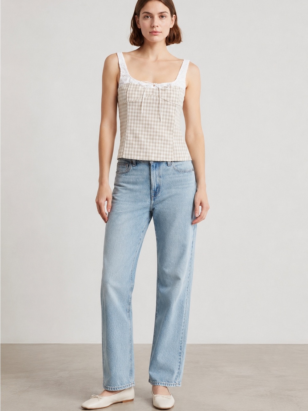 Elodie Beige Gingham Lace-Trim Tank Top